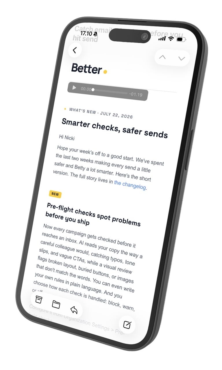 Better Email product update with native audio player in Apple Mail on iPhone